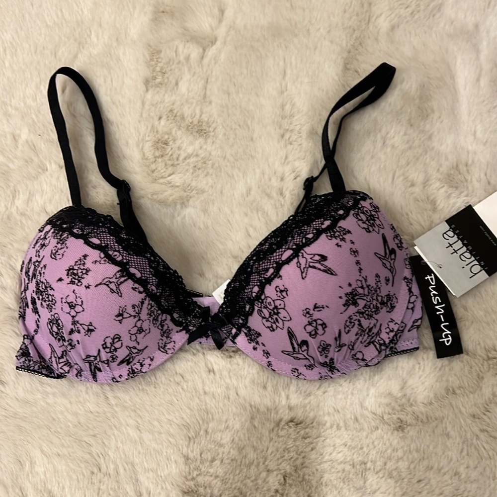 Bra push-up 34C lilac lavender purple black lace trim bow detail.